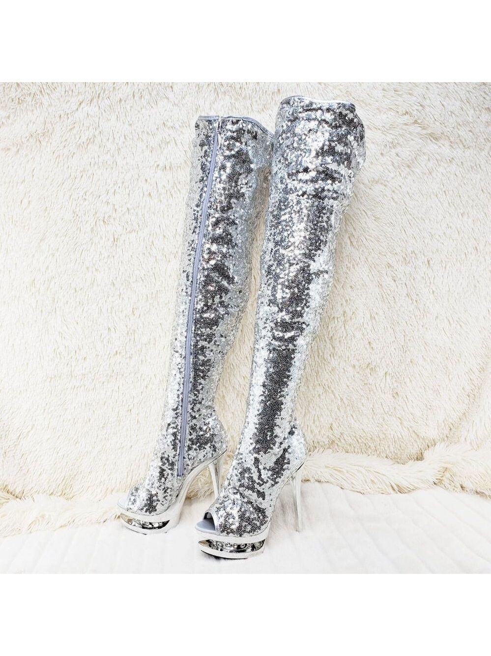 3011 Silver Sequin Open Toe Thigh High Heel Boots Blondie - Picture 10 of 15